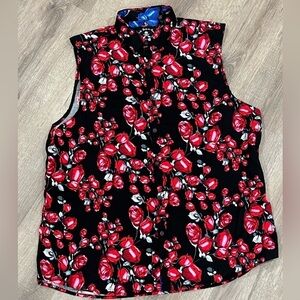 2XL Rock Roll-n-Soul Red Floral Skulls Sleeveless Vest Button Front Cotton